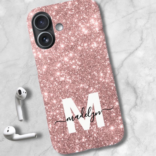 Coques Case-Mate iPhone Blush Rose Gold Pailleté Monogramme Prénom (Blush Pink Rose Gold Glitter Name Monogram iPhone 16 Case)