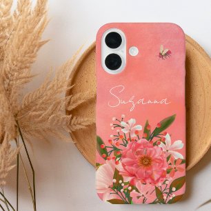 Coque Pour iPhone 16 Boho Aquarelle Corail rose Florales Nom du script