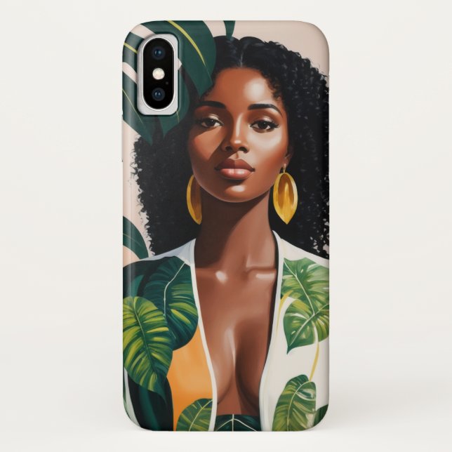 Coques Case-Mate iPhone Boho Black Woman Portrait botanique (Dos)