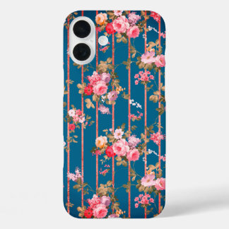 Coque Pour iPhone 16 Plus Boho bleu marine rose rose floral rose rayures or