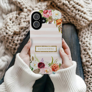 Coque Pour iPhone 16 Boho Blooms Blush Rayure Monogramme
