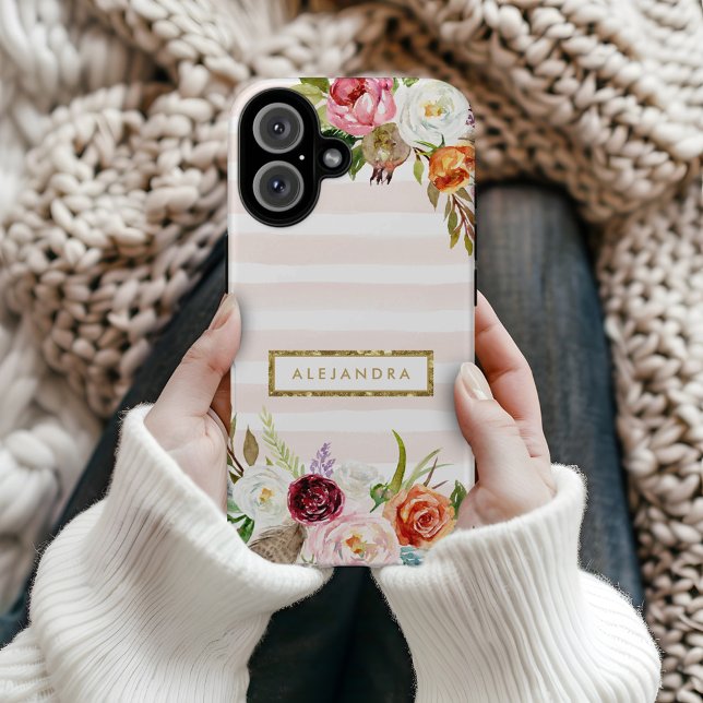 Coques Case-Mate iPhone Boho Blooms Blush Rayure Monogramme (Créateur téléchargé)