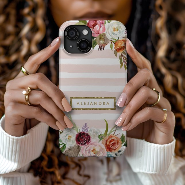 Coques Case-Mate iPhone Boho Blooms Blush Rayure Monogramme (Créateur téléchargé)