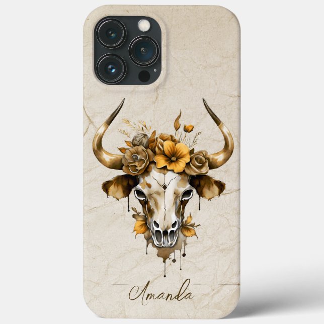 Coques Case-Mate iPhone Boho Chic Aquarelle Florale Vache Crâne (Verso)