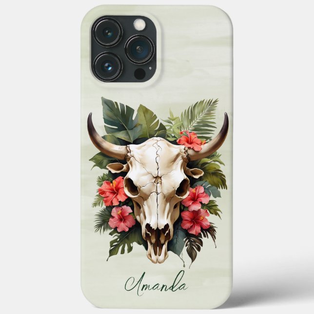 Coques Case-Mate iPhone Boho Chic Aquarelle Tropicale Floral Vache Crâne (Verso)