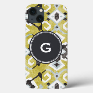 Etui iPhone 13 Boho chic motif tribal ikat noir et jaune