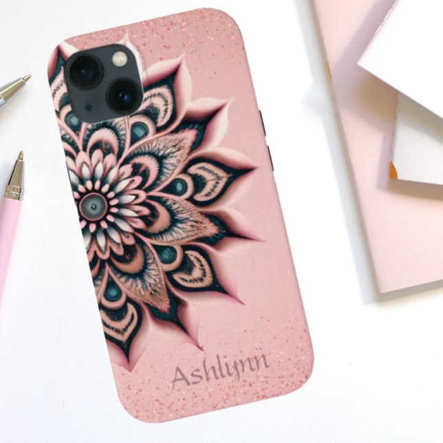 Coques Case-Mate iPhone Boho Chic Personnalisé Floral Mandala Rose Gold (Boho Chic Add Your Name Personalized Blush Pink, Rose Gold Glitter with Floral Mandala Painting)