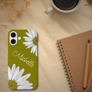 Coque Pour iPhone 16 Plus Boho Daisies Whimsical Botanique Vert Olive