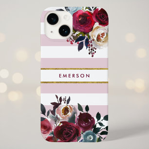 Coque iPhone 16 Pro Max Boho floral à rayures en rose poussiéreux avec mon