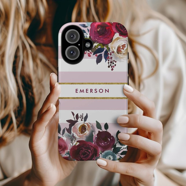Coques Case-Mate iPhone Boho Floral à rayures Monogramme Rose Poussiéreuse (Créateur téléchargé)