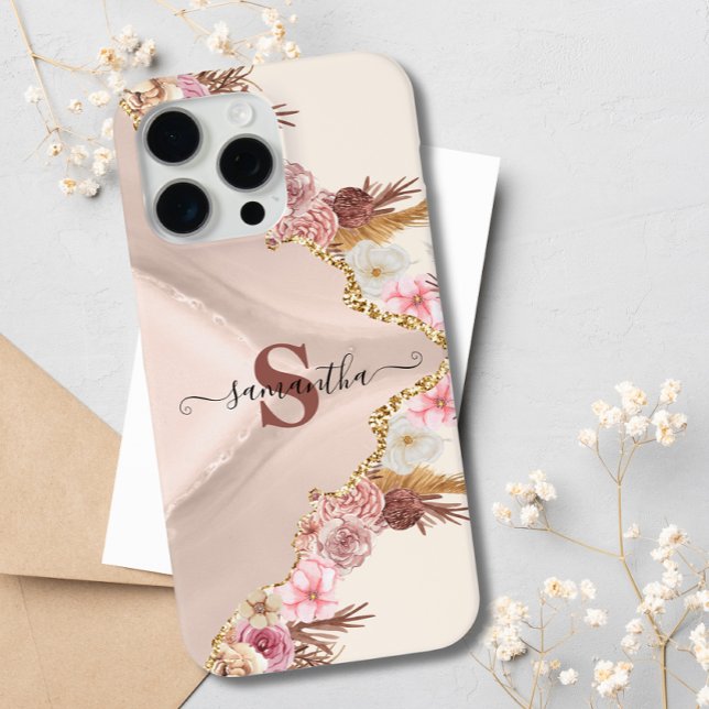Coques Case-Mate iPhone Boho Floral Agate Rose or rose Monogramme (Créateur téléchargé)
