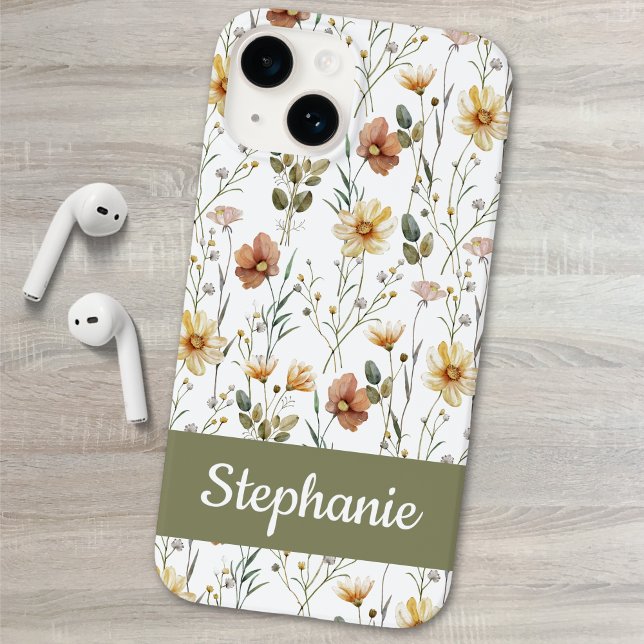 Coques Case-Mate iPhone Boho Green Watercolor Wildflower Name (Créateur téléchargé)
