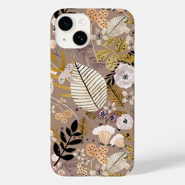 Coques Case-Mate iPhone Boho Noir Blanc Or Pêche Feuille Floral Dessiné (Verso)