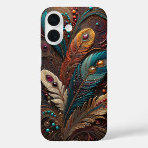 Coque Pour iPhone 16 Boho Orné Métallisé Turquoise Orange Cuir iPhone 