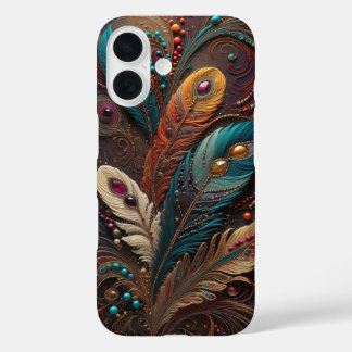 Coque Pour iPhone 16 Boho Orné Métallisé Turquoise Orange Cuir iPhone