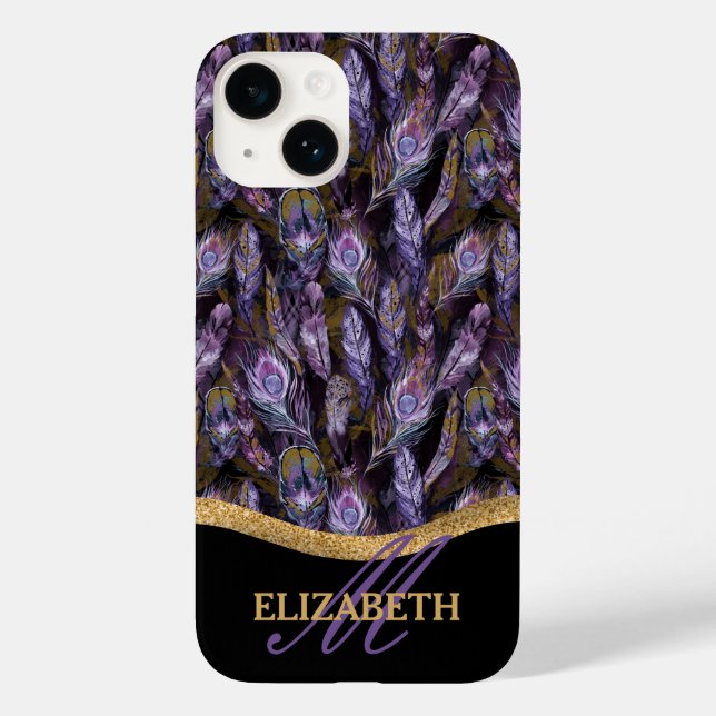 Coques Case-Mate iPhone Boho Purple Peacock Plumes Motif Monogramme (Verso)