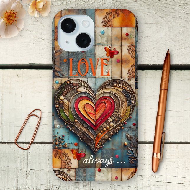 Coques Case-Mate iPhone Boho Retro Coeur Art Abstrait Téléphone Case (Phone case featuring an abstract boho chic design with a heart, colorful pearls and butterflies)