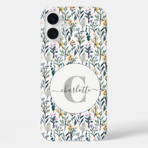 Coque Pour iPhone 16 Plus Boho Watercolor Fleurs sauvages Motif Nom du monog