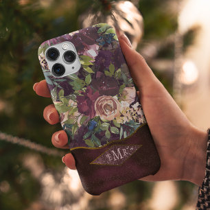 Coque Case-Mate iPhone Boho Watercolor Floral Pattern - Burgundy Monogram