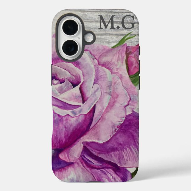 Coques Case-Mate iPhone Bois rustique Aquarelle violet Rose Monogramme (Verso)