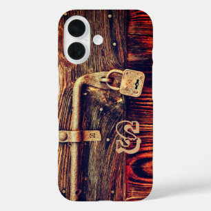 Coque Pour iPhone 16 Bois rustique brun foncé serrure en laiton antique