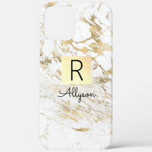 Case-Mate iPhone Case Boîte dorée en marbre blanc et or, nom noir et mon