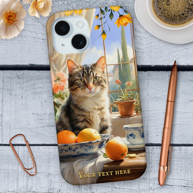 Coques Case-Mate iPhone Boîte téléphonique italienne Tabby Cat Fine Art (Phone case featuring a Mediterranean style painting of a cute cat on a kitchen counter in Italy)