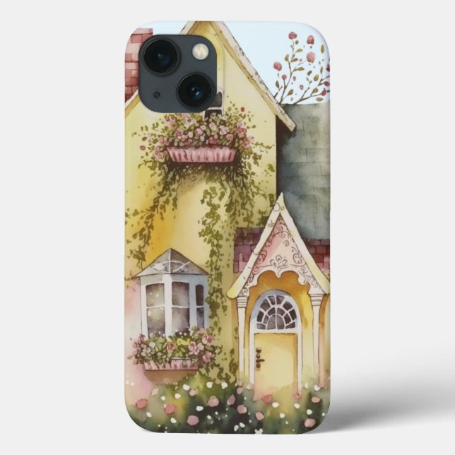 Coques Case-Mate iPhone Boîtes de fleurs de maison jaune aquarelle jardin  (Verso)