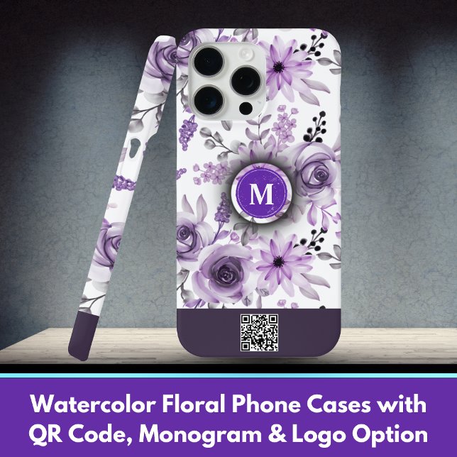 Coques Case-Mate iPhone Boîtes de téléphone Floral Aquarelle avec code QR, (Watercolor Floral Phone Cases with QR Code, Monogram & Logo Option)