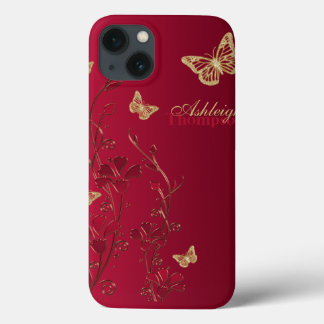 iPhone 13 Coque Boîtier d'air à papillon rouge et or Floral iPad