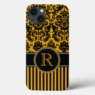 Etui iPhone 13 Boîtier d'air monogramme noir, jaune Damas bande i
