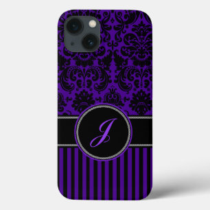 Coques Pour iPhone Boîtier d'air monogramme noir, pourpre Damask Stri