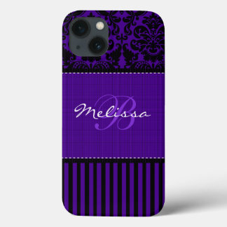 iPhone 13 Case Boîtier d'air monogramme noir, pourpre Damask Stri