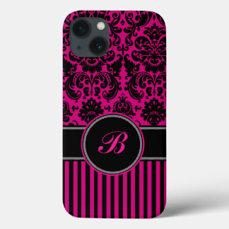 Etui iPhone 13 Boîtier d'air monogramme noir, rose Damas bande iP
