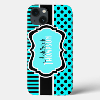 Etui iPhone 13 Boîtier d'air Pois Aqua Black White Striped