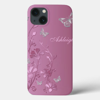 Etui iPhone 13 Boîtier en argent rose papillon Floral iPad Air