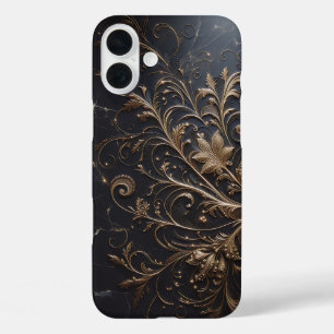 Coque Pour iPhone 16 Plus Boîtier en marbre noir de luxe - Filigrane doré él