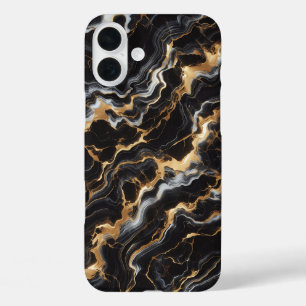 Coque Pour iPhone 16 Plus Boîtier en marbre noir de luxe - Or élégant et bla