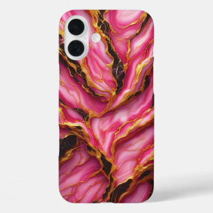 Coque Pour iPhone 16 Plus Boîtier en marbre rose luxueux - Veines dorées élé