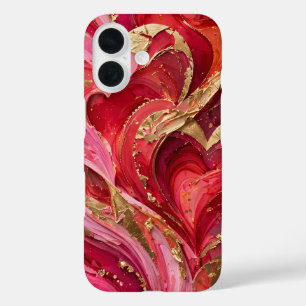 Coque Pour iPhone 16 Boîtier iPhone 16 en marbre rouge et rose or