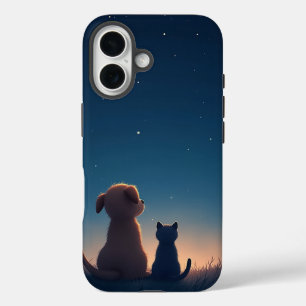 Coque Pour iPhone 16 Boîtier iPhone 16 Puppy et Kitten sous les étoiles