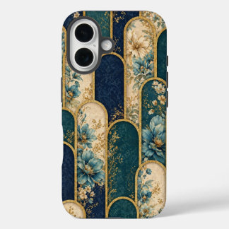 Coque Pour iPhone 16 Boîtier iPhone à motif floral sarcelle et or de lu