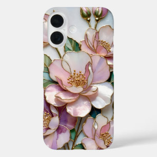 Coque Pour iPhone 16 Boîtier iPhone Fleur de Verre Coloré Rose Fleur Or