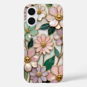 Coque Pour iPhone 16 Boîtier iPhone Fleur en Verre Coloré Rose Pastel