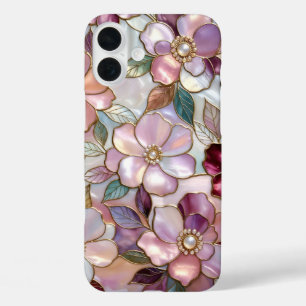 Coque Pour iPhone 16 Plus Boîtier iPhone Fleur en Verre Coloré Rose Perle Or