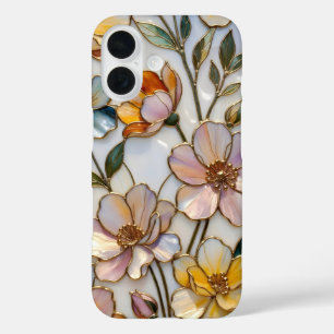 Coque Pour iPhone 16 Boîtier iPhone Fleurs en Verre Coloré Pastel Doré 