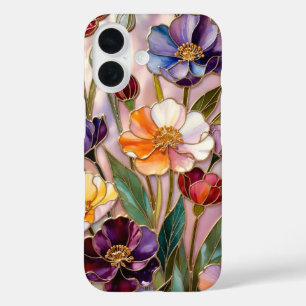 Coque Pour iPhone 16 Boîtier iPhone floral violet orange verre teinté