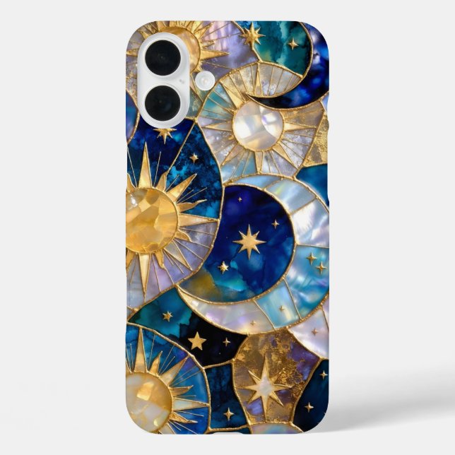 Coques Case-Mate iPhone Boîtier iPhone Soleil Lune Verre Bleu Doré Stained (Verso)