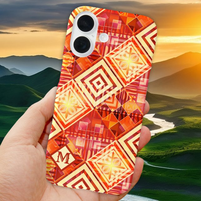Coques Case-Mate iPhone Boîtier téléphonique Motif géométrique Monogramme  (Personalized phone case featuring a festive geometric abstract pattern in warm colors with monogram)