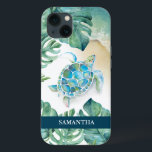 Case-Mate iPhone Case Boîtier téléphonique personnalisé Sea Turtle Beach<br><div class="desc">Ce boîtier téléphonique personnalisé est doté d'une tortue de mer aquarelle, d'un littoral et de feuilles de palmiers tropicaux de monstère. Personnalisez avec votre nom en blanc sur un arrière - plan bleu marine. Oeuvre et design de Victoria Grigaliunas. Pour voir plus de cas de vie marine et de téléphone...</div>